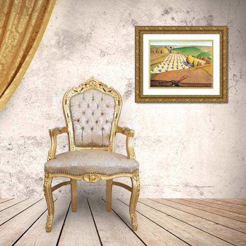 Fall Plowing Gold Ornate Wood Framed Art Print with Double Matting by Wood, Grant