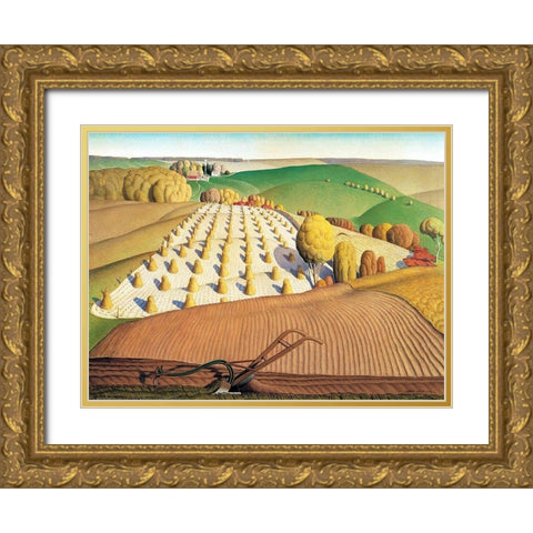 Fall Plowing Gold Ornate Wood Framed Art Print with Double Matting by Wood, Grant
