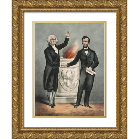 Washington and Lincoln Gold Ornate Wood Framed Art Print with Double Matting by Currier and Ives