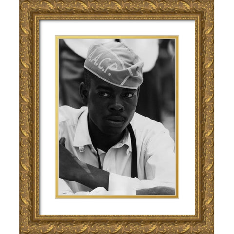 Civil Rights March on Washington-D.C. Man Wearing AACP Hat Gold Ornate Wood Framed Art Print with Double Matting by U.S. Archives