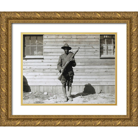 WWI Colored member of the telephone and telegraph battalion at Camp Upton-Long Island Gold Ornate Wood Framed Art Print with Double Matting by U.S. Archives