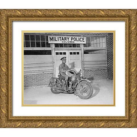 WWII An MP on motorcycle stands ready to answer all calls around his area. Columbus-Georgia Gold Ornate Wood Framed Art Print with Double Matting by U.S. Archives