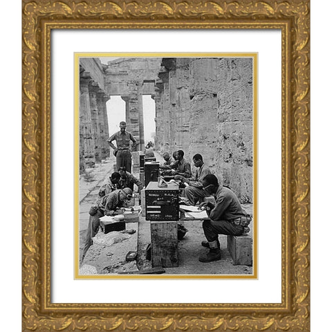 WWII 480th Port Battalion Set Up Between the Columns of the Ancient Greek Temple of Neptune Gold Ornate Wood Framed Art Print with Double Matting by U.S. Archives