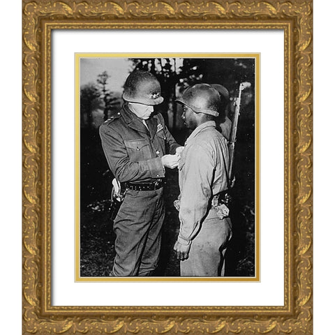 WWII Lt. Gen. George S. Patton-U.S. Third Army commander-pins the Silver Star on Private Ernest A. J Gold Ornate Wood Framed Art Print with Double Matting by U.S. Archives