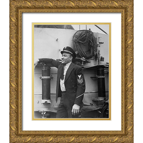 WWII His crew sank a German submarine. U.S.S. Otter Gold Ornate Wood Framed Art Print with Double Matting by U.S. Archives