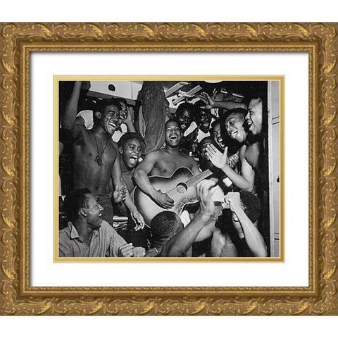 WWII men aboard the U.S.S. Ticonderoga hear the news of Japans surrender Gold Ornate Wood Framed Art Print with Double Matting by U.S. Archives