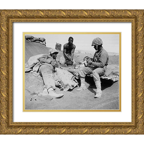 WWII Marines on the beach at Iwo Jima Gold Ornate Wood Framed Art Print with Double Matting by U.S. Archives
