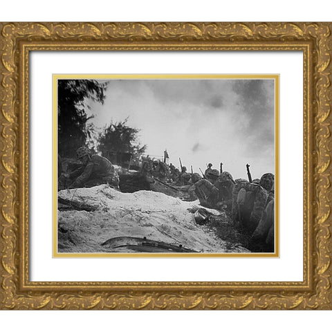 WWII assault troops await orders D-day at Saipan in the Marianas Gold Ornate Wood Framed Art Print with Double Matting by U.S. Archives