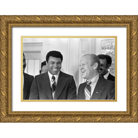 President Gerald R. Ford and Boxer Muhammad Ali in the Oval Office Gold Ornate Wood Framed Art Print with Double Matting by U.S. Archives