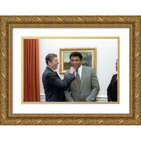 President Ronald Reagan Punching Muhammad Ali in The Oval Office Gold Ornate Wood Framed Art Print with Double Matting by U.S. Archives