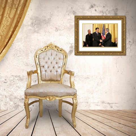 President George W. Bush Shakes Hands with Muhammad Ali Gold Ornate Wood Framed Art Print with Double Matting by U.S. Archives