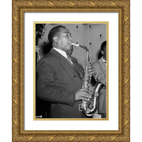 Charlie Parker in the Three Deuces of New York 1947 Gold Ornate Wood Framed Art Print with Double Matting by Gottlieb, William
