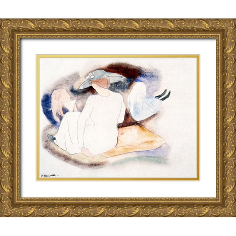Woman with Hat and 2 Figures Gold Ornate Wood Framed Art Print with Double Matting by Demuth, Charles