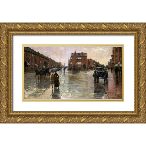 Rainy Day-Boston Gold Ornate Wood Framed Art Print with Double Matting by Hassam, Childe