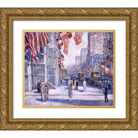 Early Morning on the Avenue in May 1917 Gold Ornate Wood Framed Art Print with Double Matting by Hassam, Childe