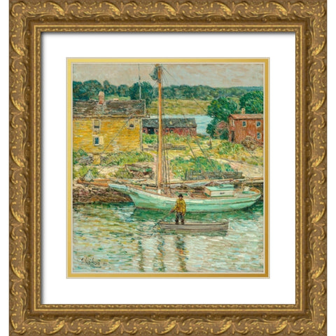 Oyster Sloop-Cos Cob Gold Ornate Wood Framed Art Print with Double Matting by Hassam, Childe