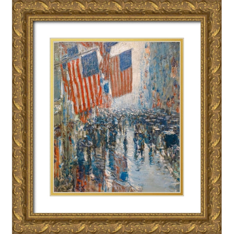 Rainy Day-Fifth Avenue Gold Ornate Wood Framed Art Print with Double Matting by Hassam, Childe
