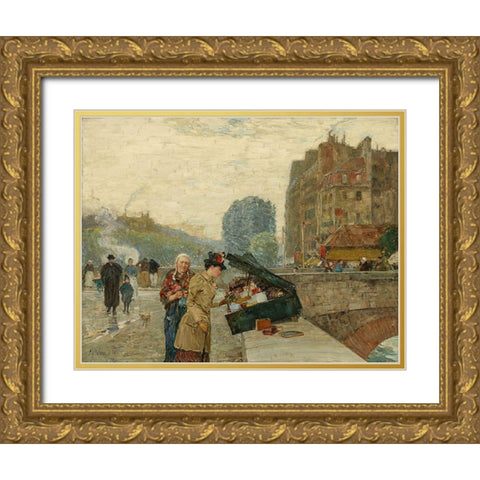 Quai St Michel Gold Ornate Wood Framed Art Print with Double Matting by Hassam, Childe