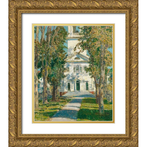 The Church at Gloucester Gold Ornate Wood Framed Art Print with Double Matting by Hassam, Childe
