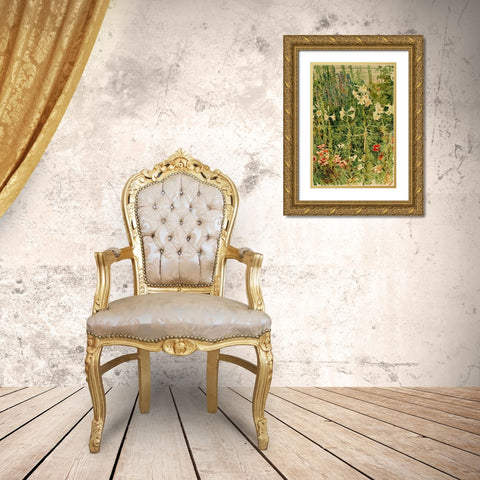 Larkspurs and Lilies Gold Ornate Wood Framed Art Print with Double Matting by Hassam, Childe