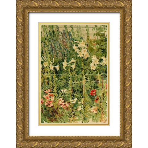 Larkspurs and Lilies Gold Ornate Wood Framed Art Print with Double Matting by Hassam, Childe