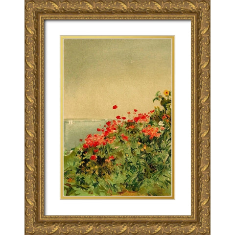 Poppy Bank Gold Ornate Wood Framed Art Print with Double Matting by Hassam, Childe