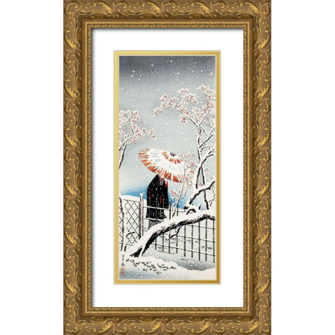 Plum Tree in Snow Gold Ornate Wood Framed Art Print with Double Matting by Takahashi, Hiroaki