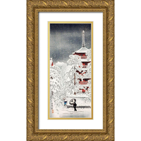 Snow at Asakusa-Yedo-Musashi Province Gold Ornate Wood Framed Art Print with Double Matting by Takahashi, Hiroaki