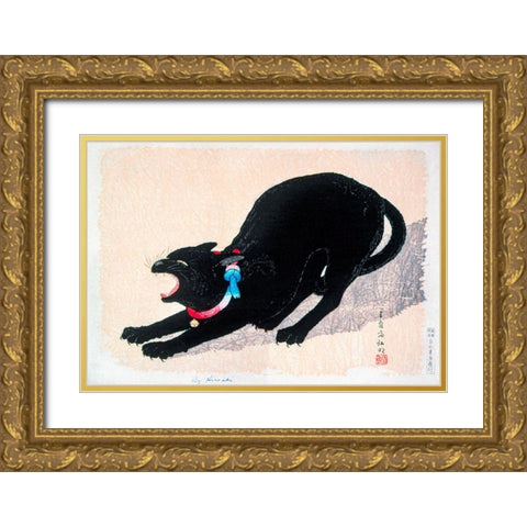 Black Cat Hissing Gold Ornate Wood Framed Art Print with Double Matting by Takahashi, Hiroaki