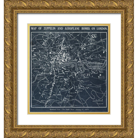 Map of Zeppelin and aeroplane bombs on London Gold Ornate Wood Framed Art Print with Double Matting by World War 1 Photograph