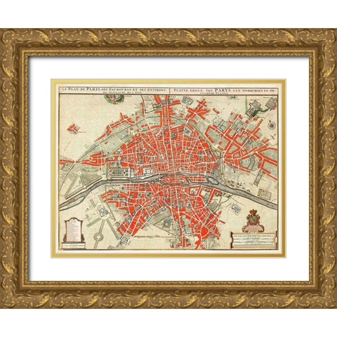 Map of Paris-France Gold Ornate Wood Framed Art Print with Double Matting by Delisle, Guillaume