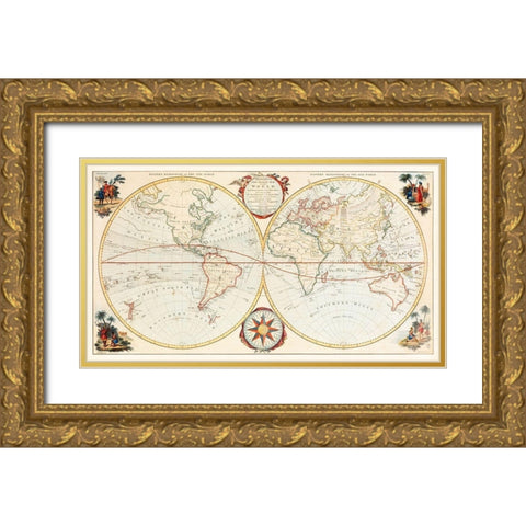 Bowless New Pocket Map of the World Gold Ornate Wood Framed Art Print with Double Matting by Carington, Bowles