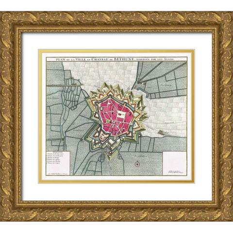 Map of Bethune-France Gold Ornate Wood Framed Art Print with Double Matting by Vintage Maps