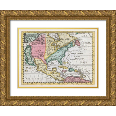 Map of North America 1735 Gold Ornate Wood Framed Art Print with Double Matting by Erven J Ratelnand and Co