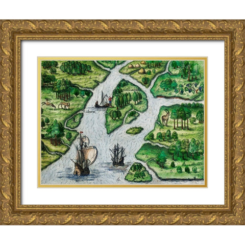 Port Royal-South Carolina illustration from Grand voyages 1596 Gold Ornate Wood Framed Art Print with Double Matting by Bry, Theodor de