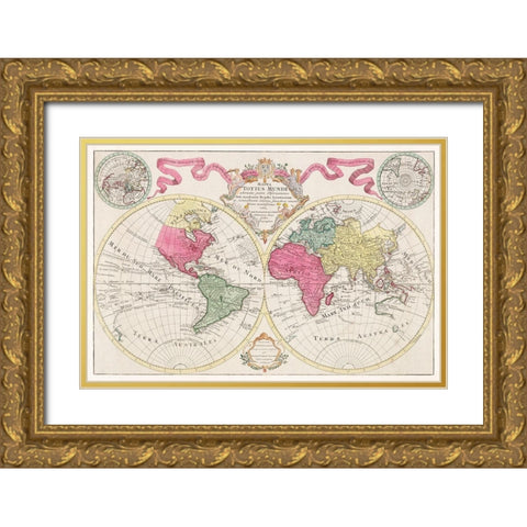 Mappa totius mundi adornata juxta observationes 1682 Gold Ornate Wood Framed Art Print with Double Matting by L isle, Guillaume de