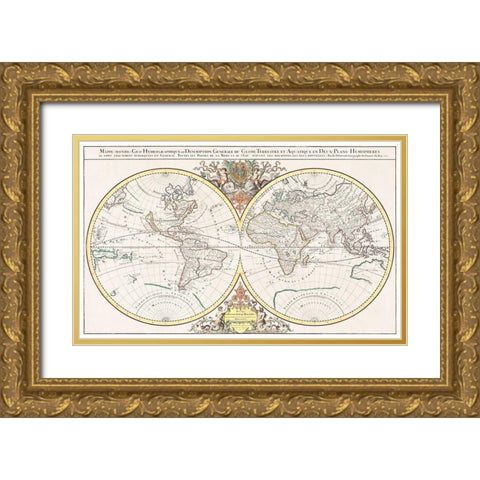 General description of the terrestrial and aquatic globe in two hemispherical planes 1691 Gold Ornate Wood Framed Art Print with Double Matting by Jaillot, Alexis Hubert