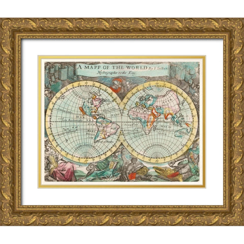 A mapp of the world 1682 Gold Ornate Wood Framed Art Print with Double Matting by Playford, John