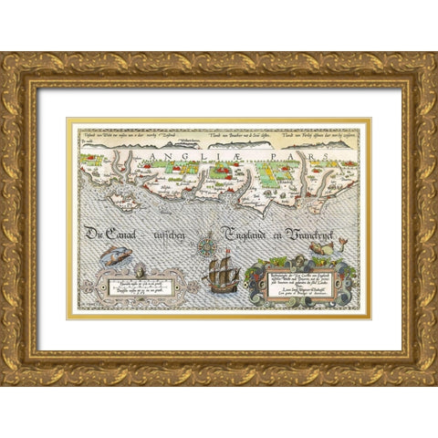Map of the South England coast between the Isle of Wight and Dover Gold Ornate Wood Framed Art Print with Double Matting by Doetechum, Joannes van