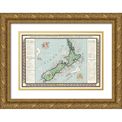 A Map of New Zealand 1913 Gold Ornate Wood Framed Art Print with Double Matting by Gil, MacDonald