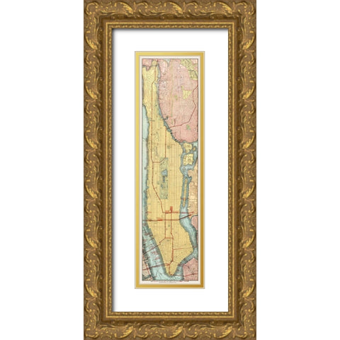 Rapid transit map of Manhattan and adjacent districts of New York City 1908 Gold Ornate Wood Framed Art Print with Double Matting by Rand McNally and Company