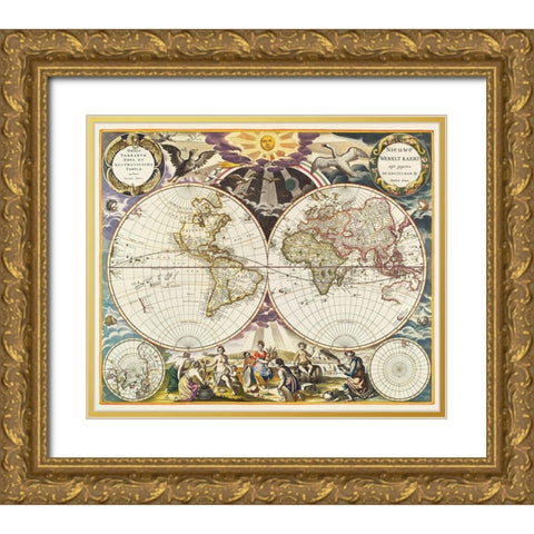 New World Map 1672 Gold Ornate Wood Framed Art Print with Double Matting by Mitchell, Samuel Augustus