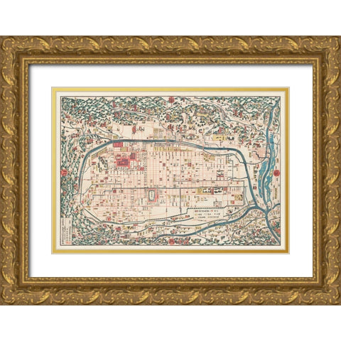 Map of Kyoto 1863 Gold Ornate Wood Framed Art Print with Double Matting by Kahei, Takebara