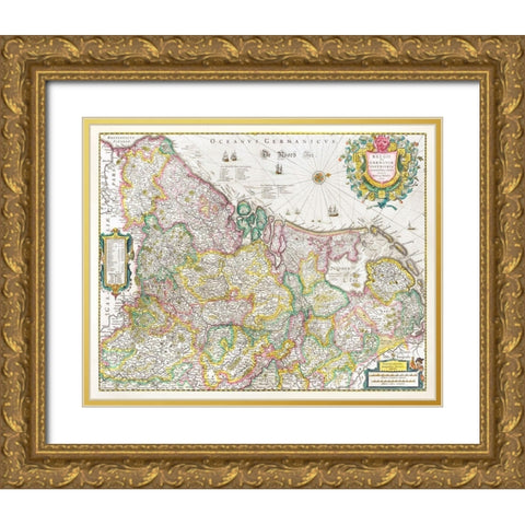 Map of the Netherlands 1631 Gold Ornate Wood Framed Art Print with Double Matting by Hondius, Henricus