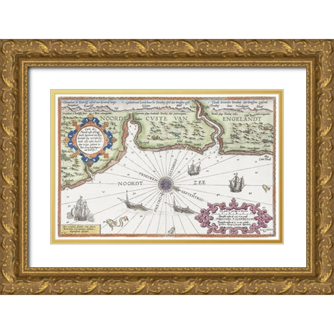 Map of the north coast of England at Newcastle upon Tyne 1583 Gold Ornate Wood Framed Art Print with Double Matting by Doetechum, Joannes van