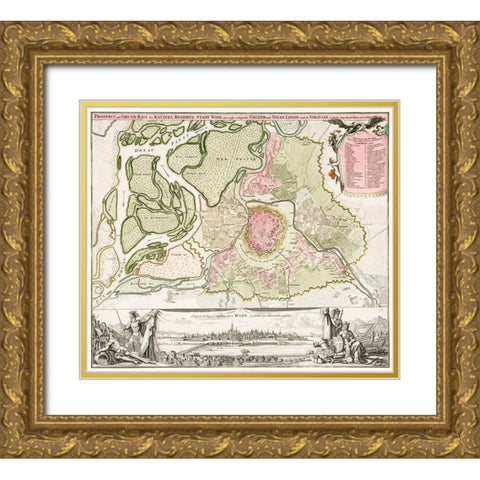 Map of Vienna 1702 Gold Ornate Wood Framed Art Print with Double Matting by Homann, Johann Baptista