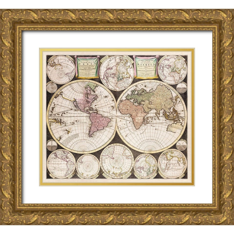 Flat earth globe commonly called the whole world 1696 Gold Ornate Wood Framed Art Print with Double Matting by Allard, Carel
