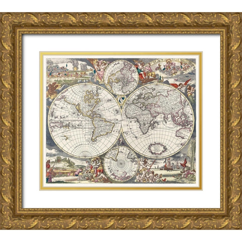 Nova Totius Terrarum orbis tabula 1660 Gold Ornate Wood Framed Art Print with Double Matting by Danckerts, Justus