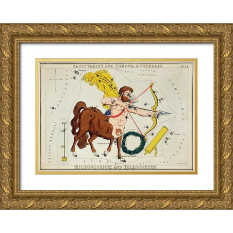Astronomical chart illustration of Sagittarius and Corona Australis-Microscopium and Telescopium 183 Gold Ornate Wood Framed Art Print with Double Matting by Hall, Sidney