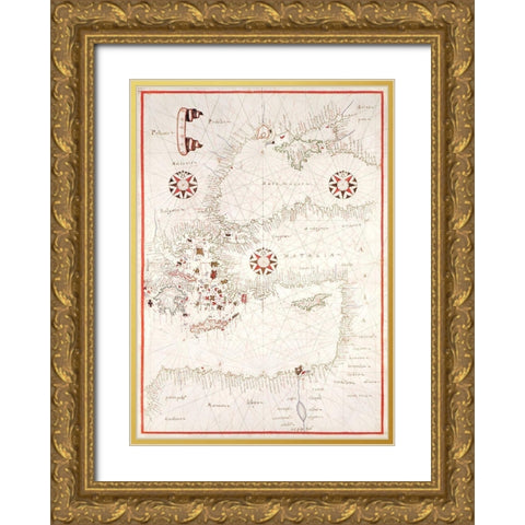 Portolan atlas of the Mediterranean Sea-Eastern Mediterranean 1590 Gold Ornate Wood Framed Art Print with Double Matting by Oliva, Joan